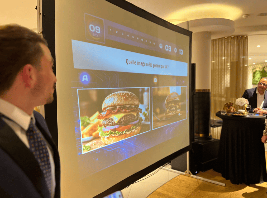 Jeu interactif de quiz avec intelligence artificielle lors d'une activité de team building, favorisant la collaboration et la réflexion en entreprise.